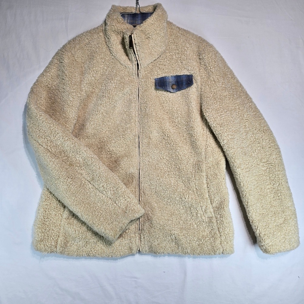 Pendleton Womens Sherpa Fleece Jacket Cream Plaid Trim Full Zip L P1558 UI084K